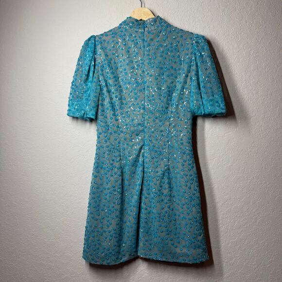 Queen of Sparkles Turquoise Blue Sequin Short Sleeve Dress Size Small - Picture 8 of 9